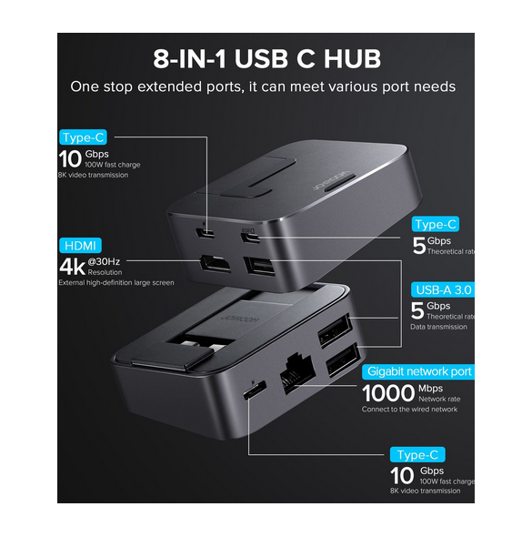 -funktion 3x USB3.0 + HDMI (4K * 30Hz) + LAN (Gigabit-nätverk) + USB-C (data USB3.0) + 2x USB-C (8K video + 10Gbps + 100W)