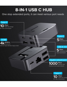 -funktion 3x USB3.0 + HDMI (4K * 30Hz) + LAN (Gigabit-nätverk) + USB-C (data USB3.0) + 2x USB-C (8K video + 10Gbps + 100W)