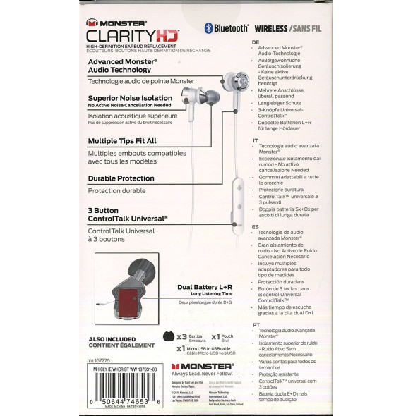 Monster Clarity HD In-Ear Bluetooth Wireless Headphones - Vit (137031)