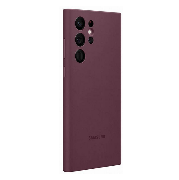 Vinröd och väldigt stilrent skal Samsung Galaxy S22 Ultra.