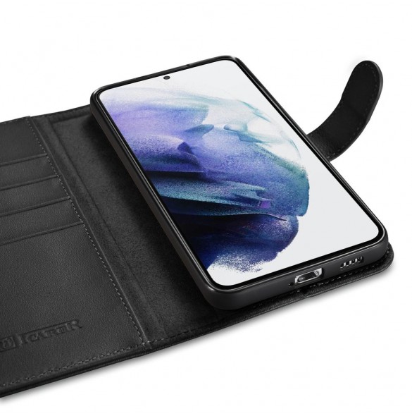 iCarer Haitang elegant skalfodral med flik och stativfunktion för Samsung Galaxy S22 - Svart - AKSM04BK