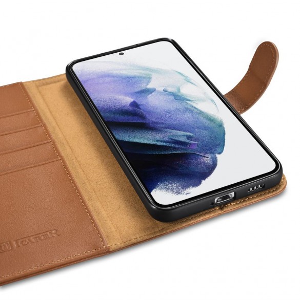 iCarer Haitang elegant skalfodral med flik och stativfunktion för Samsung Galaxy S22 - Brun - AKSM04BN