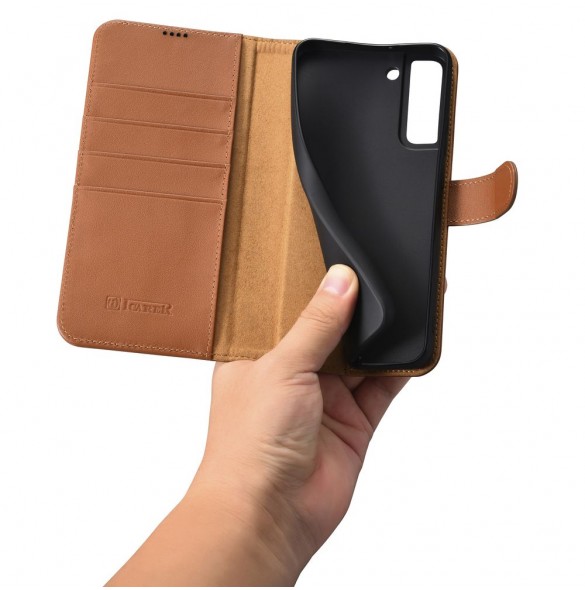 iCarer Haitang elegant skalfodral med flik och stativfunktion för Samsung Galaxy S22 - Brun - AKSM04BN
