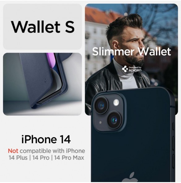 Spigen Wallet S Leather Flip Wallet for iPhone 14 Blue