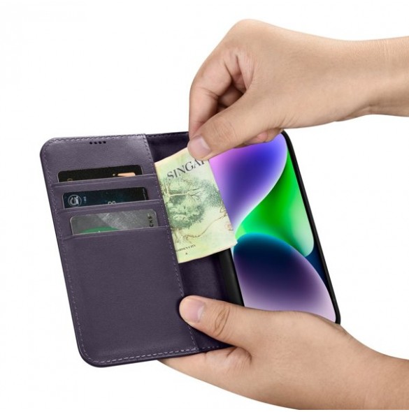 iCarer Wallet Case 2in1 Case iPhone 14 Leather Flip Cover Anti-RFID Dark Purple