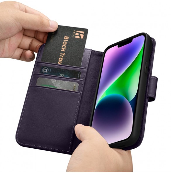 iCarer Wallet Case 2in1 Case iPhone 14 Leather Flip Cover Anti-RFID Dark Purple