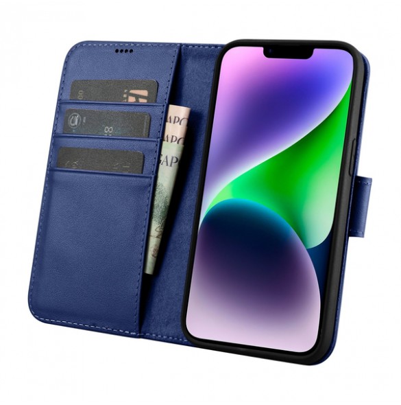 iCarer Wallet Case 2in1 Case iPhone 14 Anti-RFID Leather Flip Case Blue