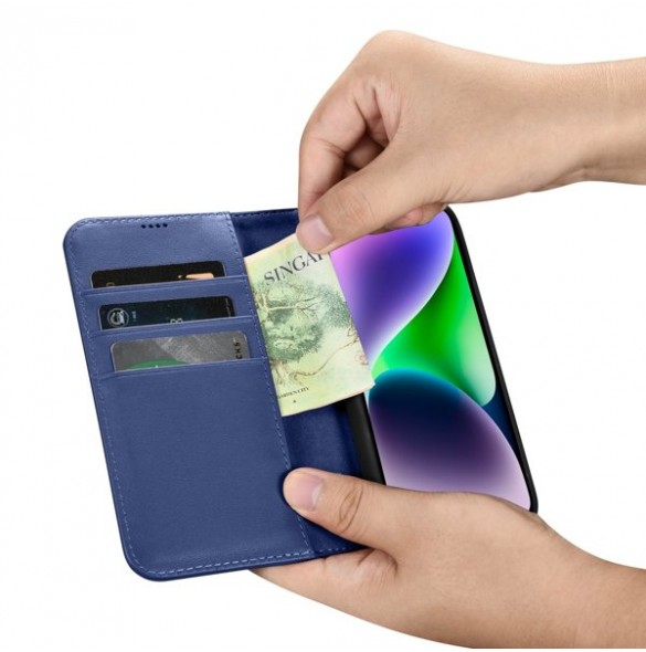 iCarer Wallet Case 2in1 Case iPhone 14 Anti-RFID Leather Flip Case Blue