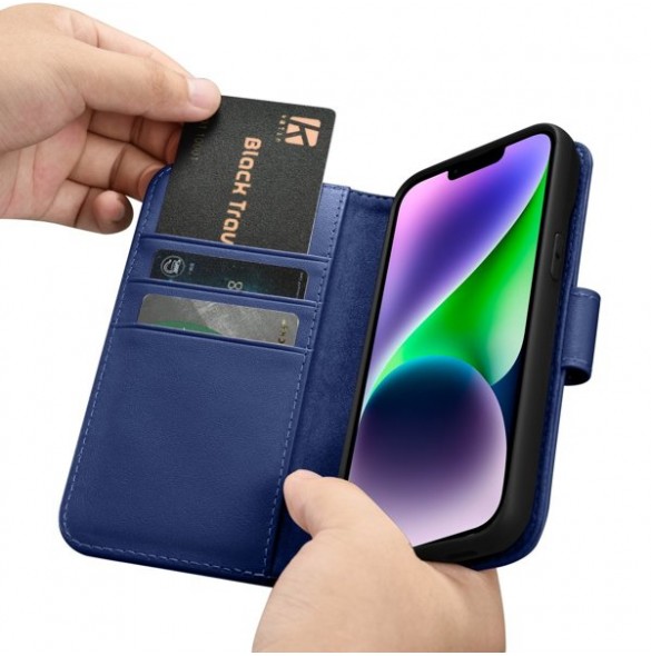 iCarer Wallet Case 2in1 Case iPhone 14 Anti-RFID Leather Flip Case Blue