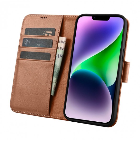 iCarer Wallet Case 2in1 case iPhone 14 leather cover with flap Anti-RFID brown