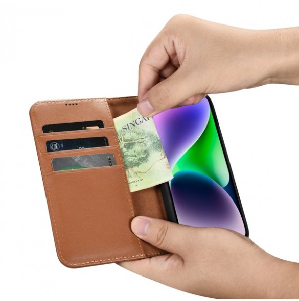 iCarer Wallet Case 2in1 case iPhone 14 leather cover with flap Anti-RFID brown