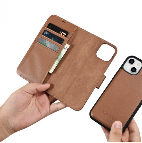 iCarer Wallet Case 2in1 case iPhone 14 leather cover with flap Anti-RFID brown