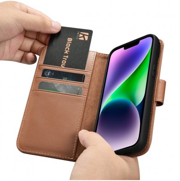 iCarer Wallet Case 2in1 case iPhone 14 leather cover with flap Anti-RFID brown