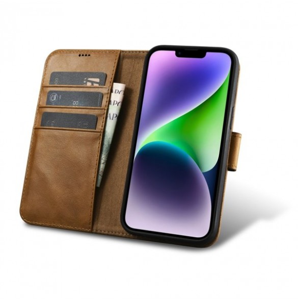 iCarer Oil Wax Wallet Case 2in1 Case iPhone 14 Leather Flip Cover Anti-RFID brown