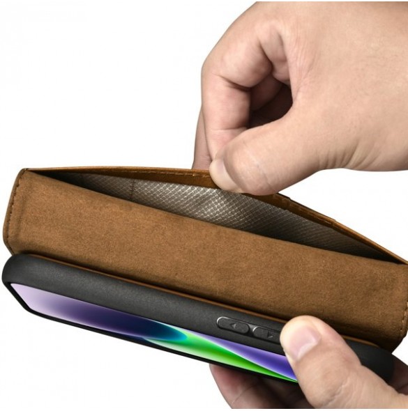 iCarer Oil Wax Wallet Case 2in1 Case iPhone 14 Leather Flip Cover Anti-RFID brown