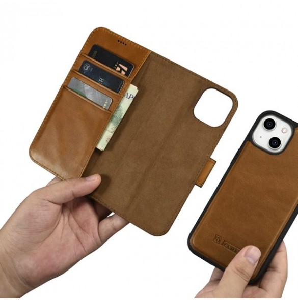 iCarer Oil Wax Wallet Case 2in1 Case iPhone 14 Leather Flip Cover Anti-RFID brown