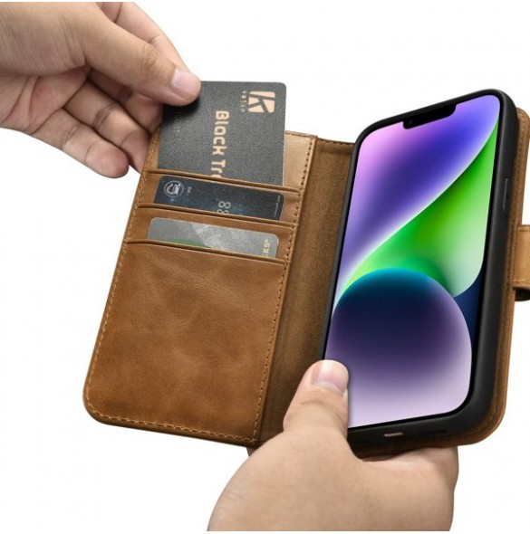 iCarer Oil Wax Wallet Case 2in1 Case iPhone 14 Leather Flip Cover Anti-RFID brown