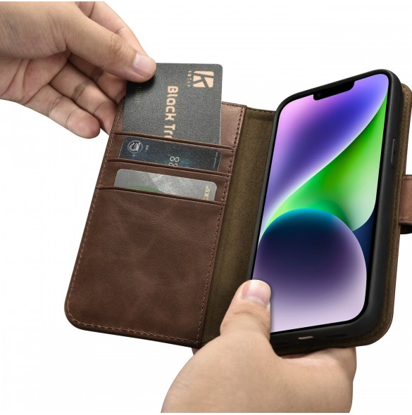 iCarer Oil Wax Wallet Case 2in1 Case iPhone 14 Leather Flip Cover Anti-RFID Brown