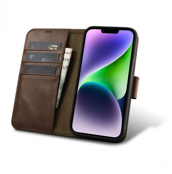 iCarer Oil Wax Wallet Case 2in1 Case iPhone 14 Leather Flip Cover Anti-RFID Brown