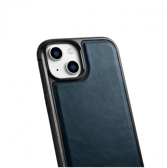 iCarer Leather Oil Wax case covered with natural leather for iPhone 14 blue