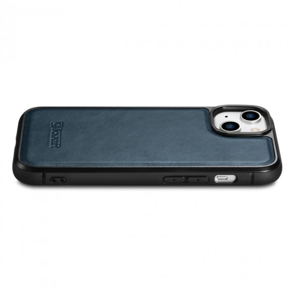 iCarer Leather Oil Wax case covered with natural leather for iPhone 14 blue
