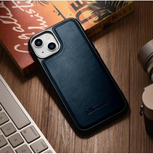 iCarer Leather Oil Wax case covered with natural leather for iPhone 14 blue