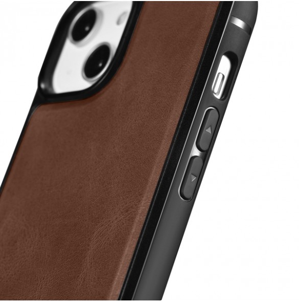 iCarer Leather Oil Wax case covered with natural leather for iPhone 14 brown