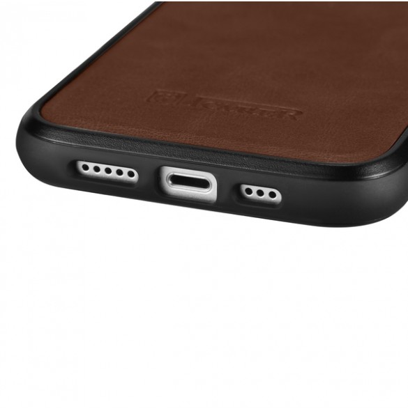 iCarer Leather Oil Wax case covered with natural leather for iPhone 14 brown
