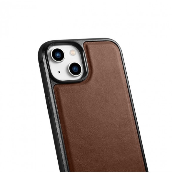 iCarer Leather Oil Wax case covered with natural leather for iPhone 14 brown