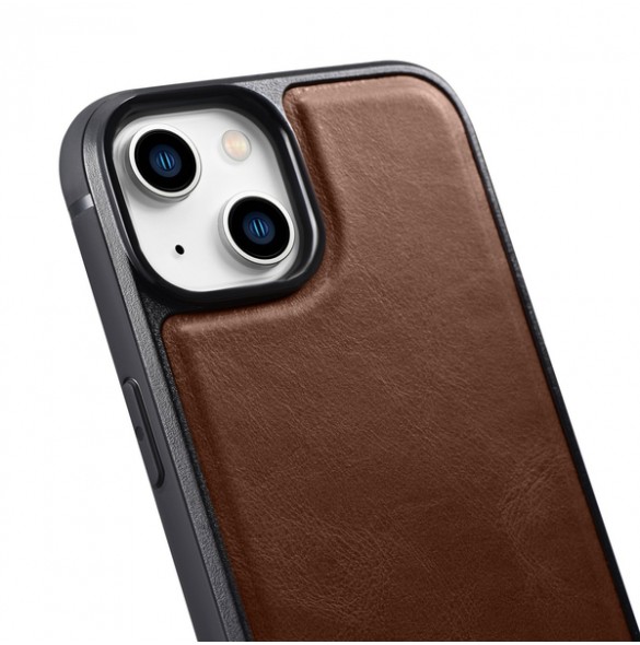 iCarer Leather Oil Wax case covered with natural leather for iPhone 14 brown