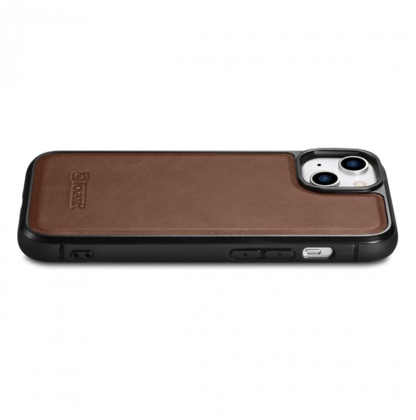 iCarer Leather Oil Wax case covered with natural leather for iPhone 14 brown