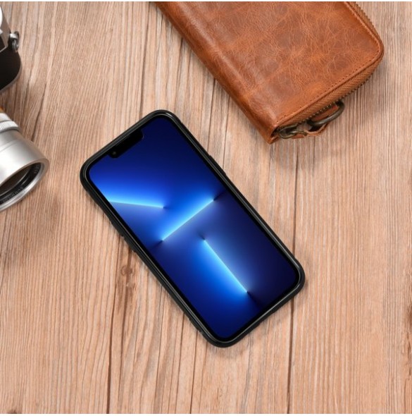 iCarer Leather Oil Wax case covered with natural leather for iPhone 14 brown