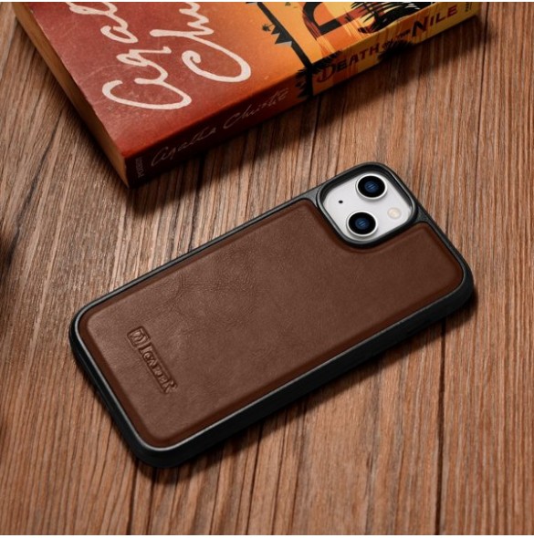 iCarer Leather Oil Wax case covered with natural leather for iPhone 14 brown