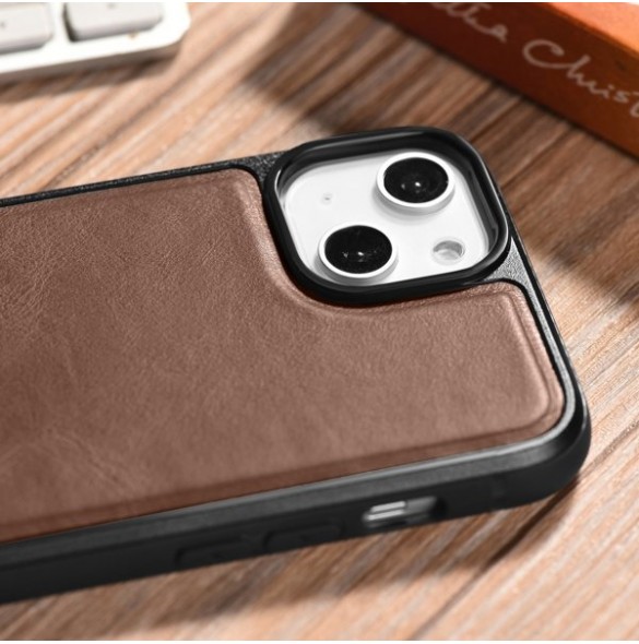 iCarer Leather Oil Wax case covered with natural leather for iPhone 14 brown
