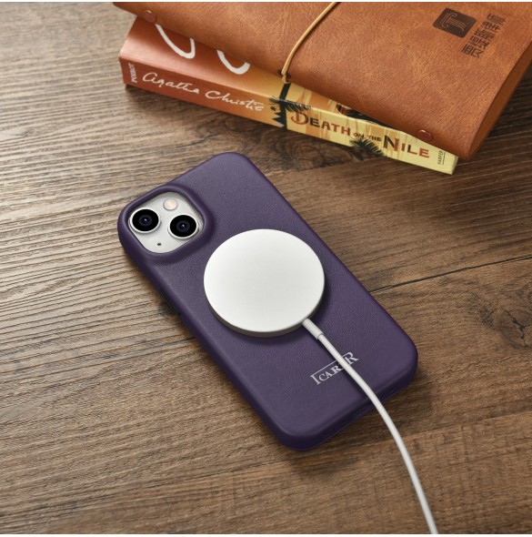 iCarer CE Premium Leather Folio Case iPhone 14 Magnetic Flip Leather Folio Case MagSafe Dark Purple