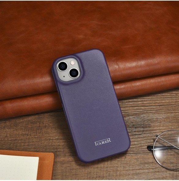 iCarer CE Premium Leather Folio Case iPhone 14 Magnetic Flip Leather Folio Case MagSafe Dark Purple