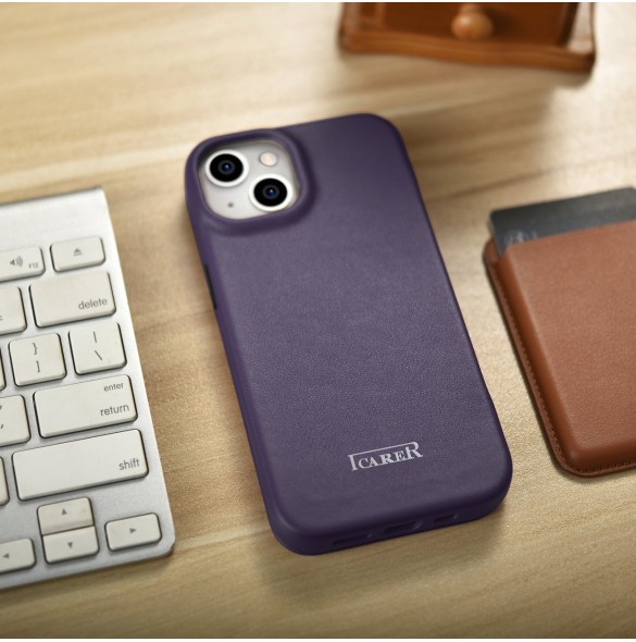 iCarer CE Premium Leather Folio Case iPhone 14 Magnetic Flip Leather Folio Case MagSafe Dark Purple
