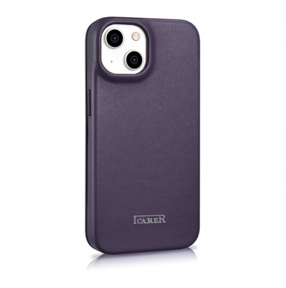 iCarer CE Premium Leather Folio Case iPhone 14 Magnetic Flip Leather Folio Case MagSafe Dark Purple