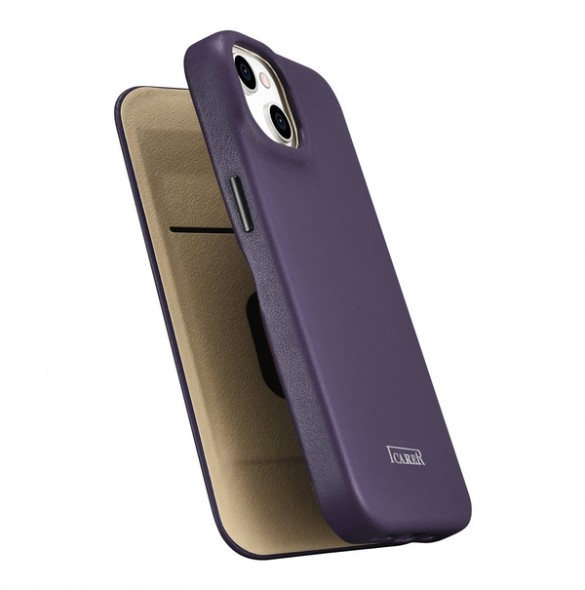 iCarer CE Premium Leather Folio Case iPhone 14 Magnetic Flip Leather Folio Case MagSafe Dark Purple