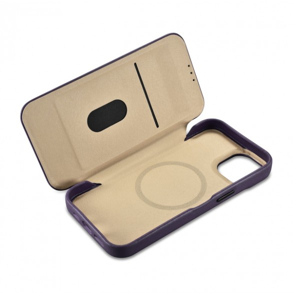 iCarer CE Premium Leather Folio Case iPhone 14 Magnetic Flip Leather Folio Case MagSafe Dark Purple