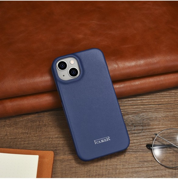 iCarer CE Premium Leather Folio Case iPhone 14 magnetic flip case MagSafe blue