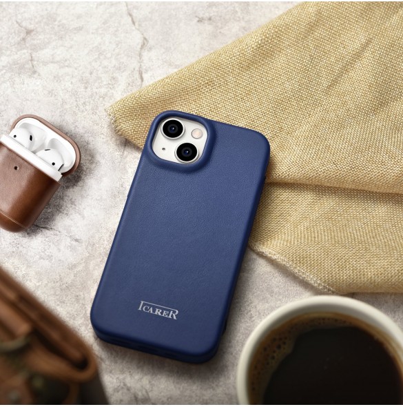 iCarer CE Premium Leather Folio Case iPhone 14 magnetic flip case MagSafe blue