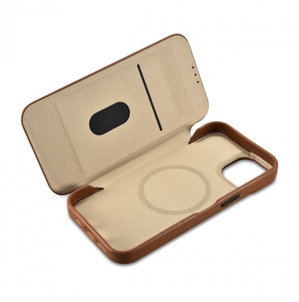 iCarer CE Premium Leather Folio Case iPhone 14 magnetic flip case MagSafe brown