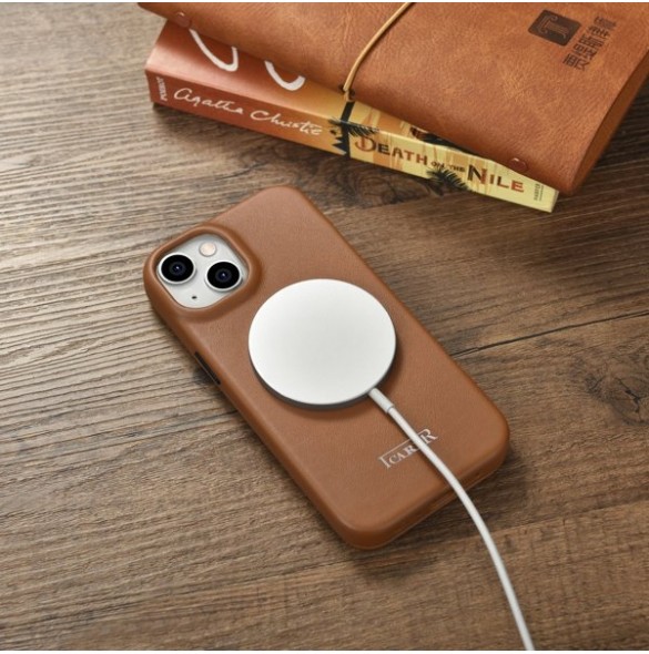 iCarer CE Premium Leather Folio Case iPhone 14 magnetic flip case MagSafe brown