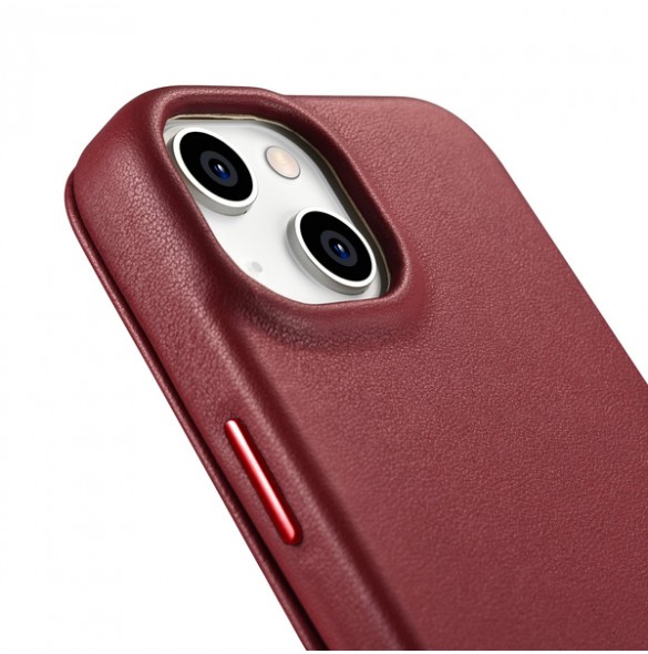 iCarer CE Premium Leather Folio Case iPhone 14 magnetic flip case MagSafe red