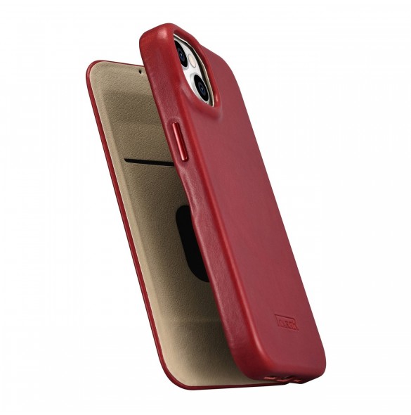 iCarer CE Oil Wax Premium Leather Folio Case iPhone 14 magnetic flip case MagSafe red