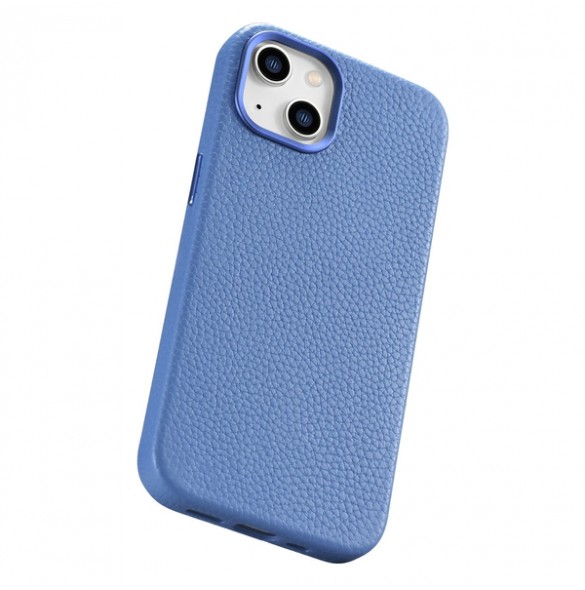 iCarer Litchi Premium Leather Case iPhone 14 Magnetic Leather Case with MagSafe Light Blue