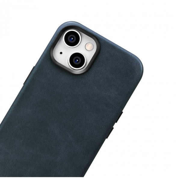 iCarer Oil Wax Premium Leather Case iPhone 14 Magnetic Leather Case with MagSafe Dark Blue