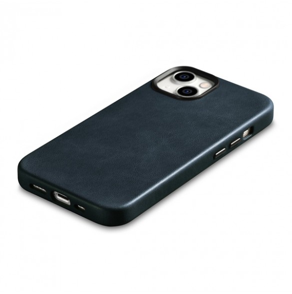 iCarer Oil Wax Premium Leather Case iPhone 14 Magnetic Leather Case with MagSafe Dark Blue