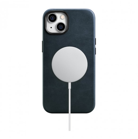 iCarer Oil Wax Premium Leather Case iPhone 14 Magnetic Leather Case with MagSafe Dark Blue